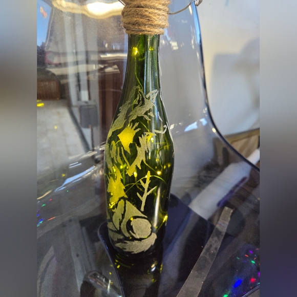 Hand Crafted Other - Hand Etched Hanging Lighted Wine Bottle Featuring Several Wolfs.